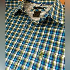 Ariat Pro Series Men’s Large Tall Blue and Green Checkered Plaid LS Button Shirt